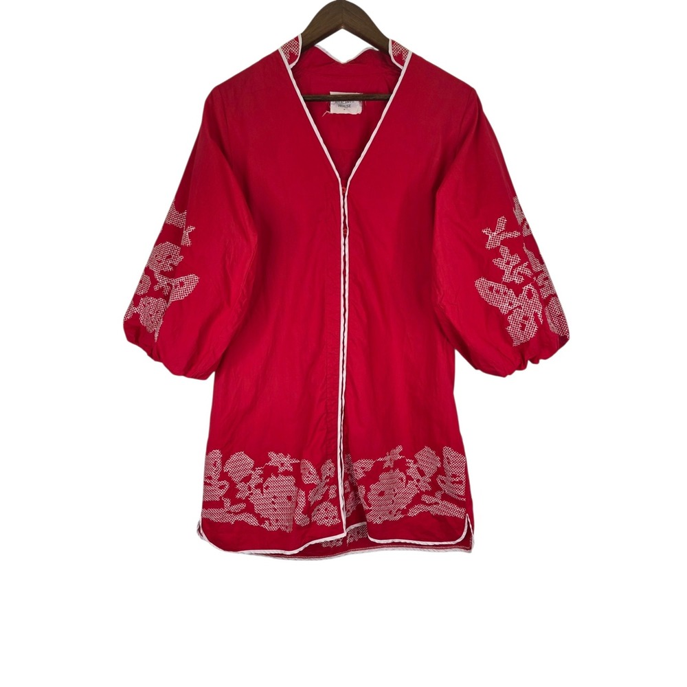 Hyacinth House Mini Arem Caftan Dress Women M Red Cotton Embroidered Puff Sleeve